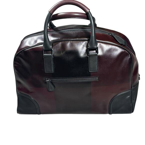 TED BAKER LEATHER OVERNIGHT BAG BURGUNDY AND BLACK CHECK - Picture 3 of 13